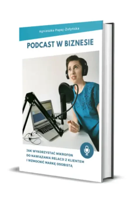 Okładka książki Podcast w biznesie Agnieszki Papaj-Żołyńskiej książka ekspercka o podcastach i marce osobistej